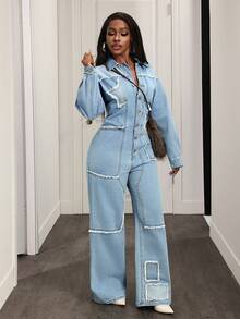 Slaydiva Women's Casual Frayed Button Half-Zip Long Sleeve Denim Jumpsuit, Autumn - Blue - View 5