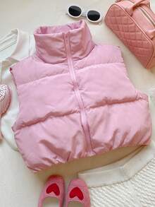 CovetEZ 女士纯色前拉链短款加垫背心夹克，冬季 - 粉色 - 查看 5