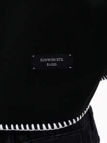 SUMWON Men's Crew Neck Long Sleeve Sweatshirt With Contrast White Stitching Detail And Logo Print For Fall Winter Casual Wear - Black - View 7