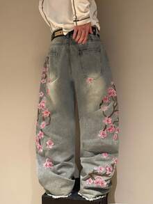 STEELVANCE 男士街头时尚梅花刺绣水洗阔腿牛仔裤 - 藍色 - 查看 2