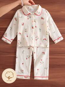 Young Girls Seersucker Strawberry Print Collar Long Sleeve Pajama Set - Beige - View 3