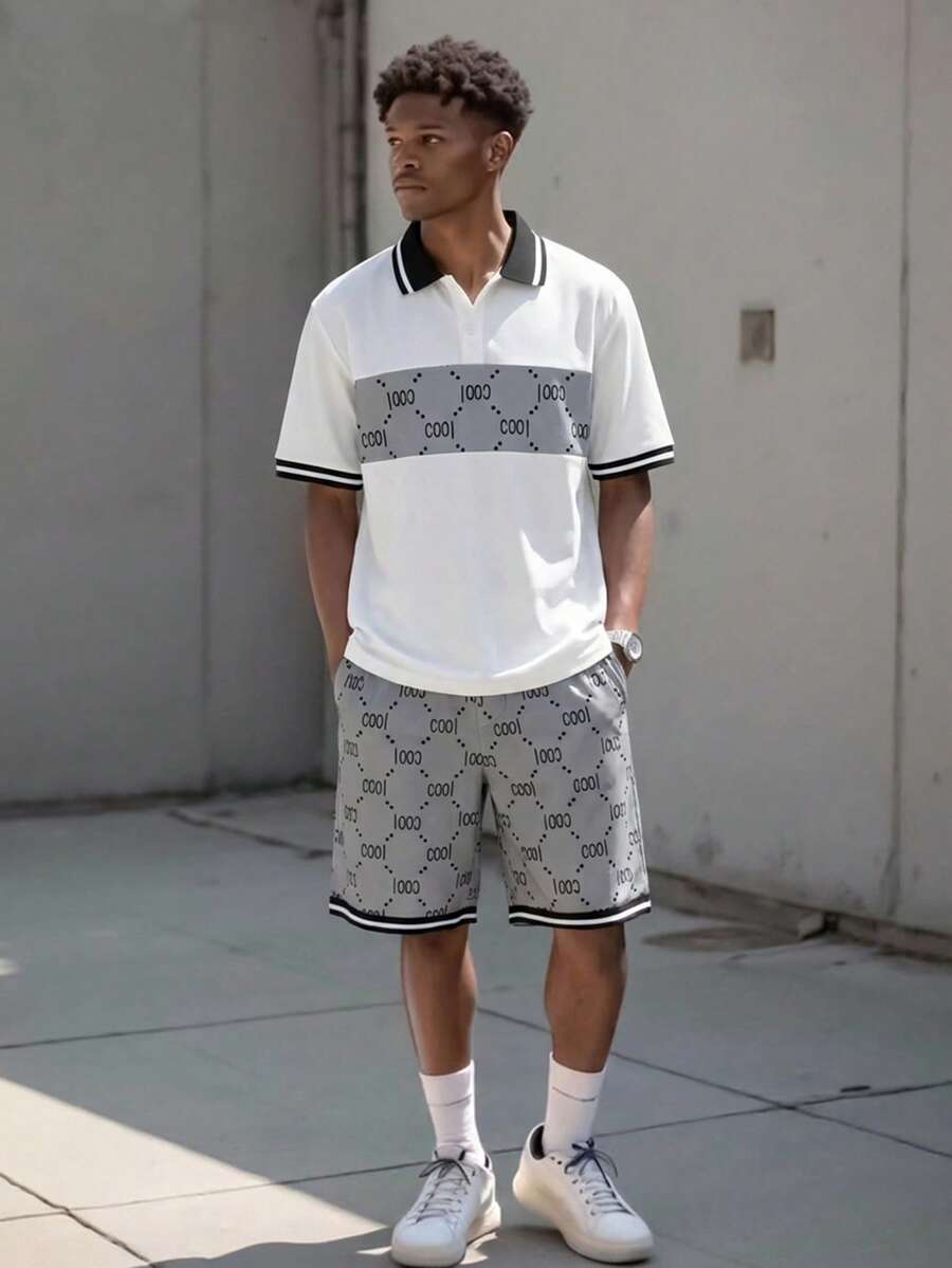 Vacaura 青少年男童夏季短袖字母印花 Polo 衫和短裤，拼接设计，适合户外运动，休闲时尚青少年套装