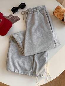 SHEIN EZwear 女士纯色系腰阔腿宽松休闲运动裤