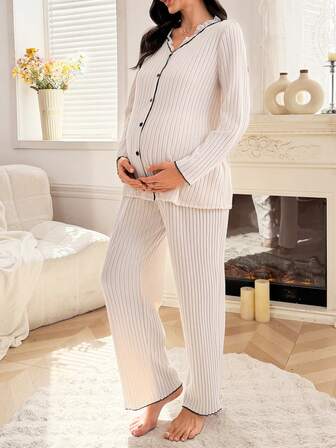 Moonlight & Mama 2pcs Maternity Sleepwear Set - V-Neck Lace Patchwork Long Sleeve Cardigan And Pants, Autumn/Winter