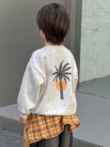 DAZY 儿童秋季服装，男童抓绒卫衣，背面印花图案，宽松休闲街头风，秋季假期穿着 - 灰色 - 查看 4