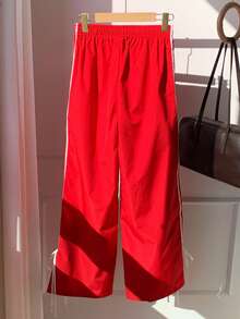 SHEIN EZwear 休閒色塊條紋編織寬腿裝多口袋褲 - 紅色 - 查看 2