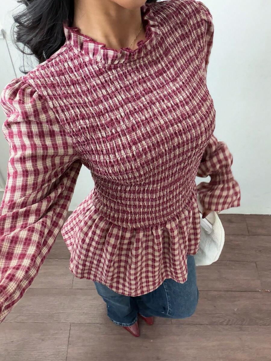 Siren Gaze Camisa casual de manga larga con cuello alto, volantes y estampado de cuadros para mujer, atuendo primaveral, atuendo de vacaciones de primavera, atuendo de San Valentín para mujer, atuendo de San Valentín, blusa casual para salir, blusas casuales para mujer, top rojo