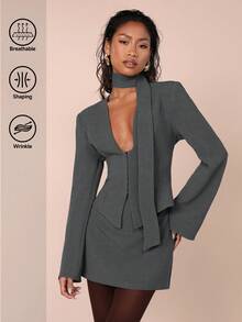 COSMINA 女士时尚性感上衣和裙子两件套 - 深灰色 - 查看 8