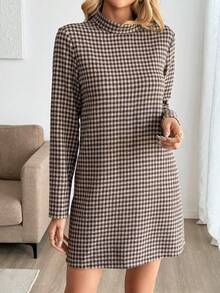 EMERY ROSE 女士格子长袖休闲百搭连衣裙 - 棕色 - 查看 3