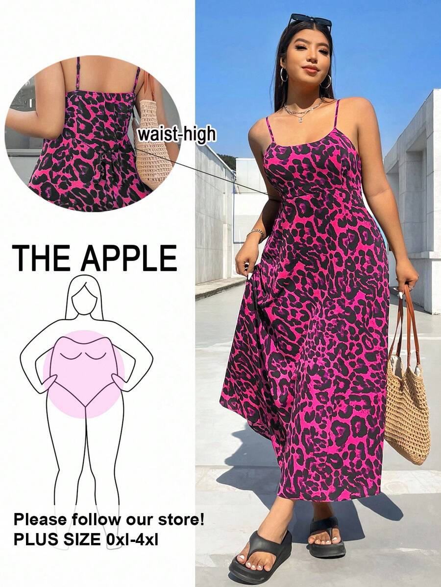 Solflare Đầm cỡ lớn họa tiết da báo, eo điều chỉnh được, dây mảnh, thiết kế hở lưng và khóa kéo ẩn, thích hợp cho mùa xuân/hè. - Màu Hồng Tươi - Xem 1