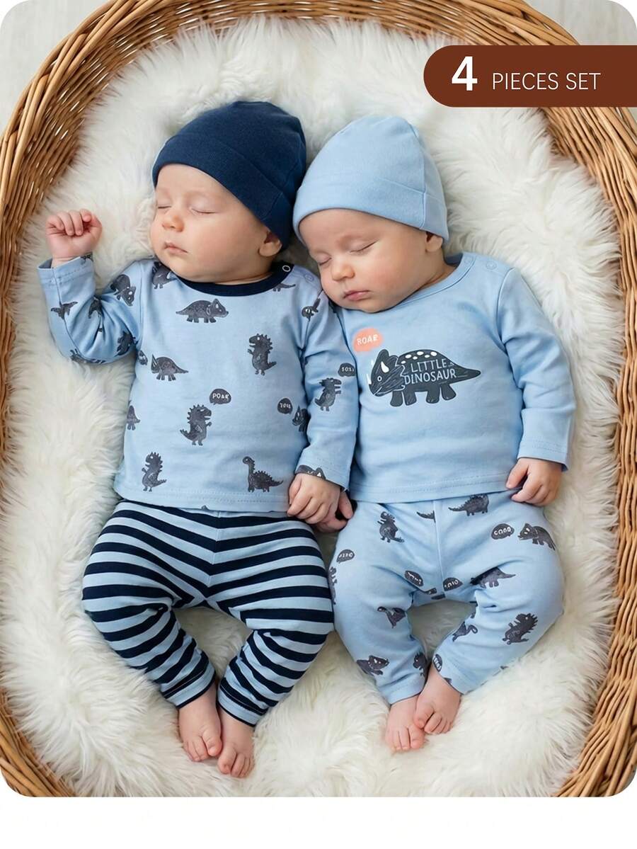 SHEIN Newborn Baby Boy/Girl Cute Cartoon Pattern Knit Long Sleeve Top And Pants Pajama Set - Blue - View 1