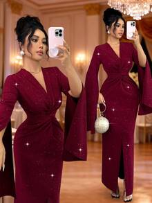SHEIN Elenzya Đầm dài dự tiệc thanh lịch, vải sequin dệt kim họa tiết mới dành cho nữ, thiết kế xoắn, trẻ trung và duyên dáng, mùa thu/đông - Màu Đỏ Sâu - Xem 1