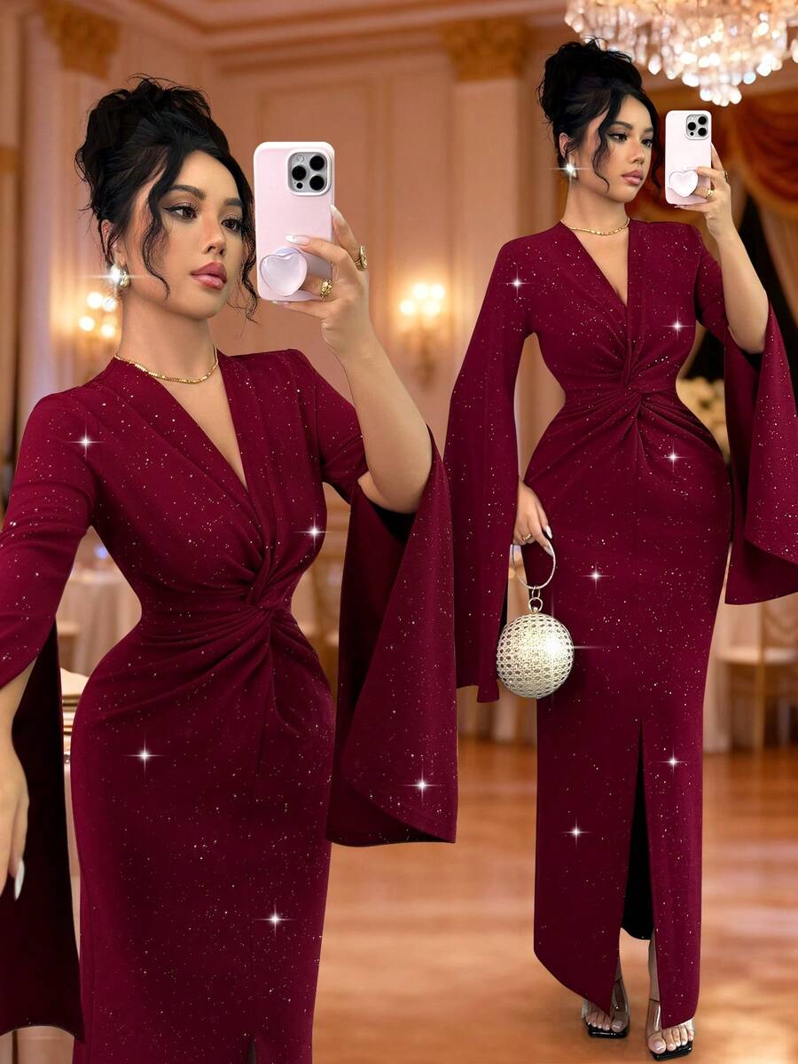 SHEIN Elenzya Đầm dài dự tiệc thanh lịch, vải sequin dệt kim họa tiết mới dành cho nữ, thiết kế xoắn, trẻ trung và duyên dáng, mùa thu/đông - Màu Đỏ Sâu - Xem 1