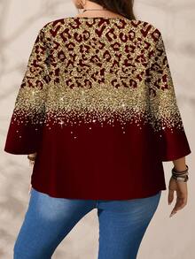 EMERY ROSE Plus Size Women Casual All-Over Print Round Neck Loose 3/4 Sleeve Shirt, Autumn/Winter Spring - Multicolor - View 7