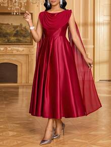 SHEIN Lady Đầm dài ngang gối thanh lịch, màu trơn, kiểu dáng poncho dành cho nữ. - Màu Đỏ Sâu - Xem 4