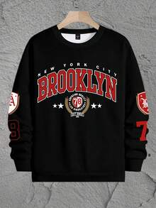 Manfinity Roughcore Plus Size Men's Brooklyn Casual Sweatshirt, Retro New York University Style, Crew Neck Long Sleeve Letter Graphic Pullover Pullover Sweatshirt, Suitable For Autumn - Multicolor - View 1