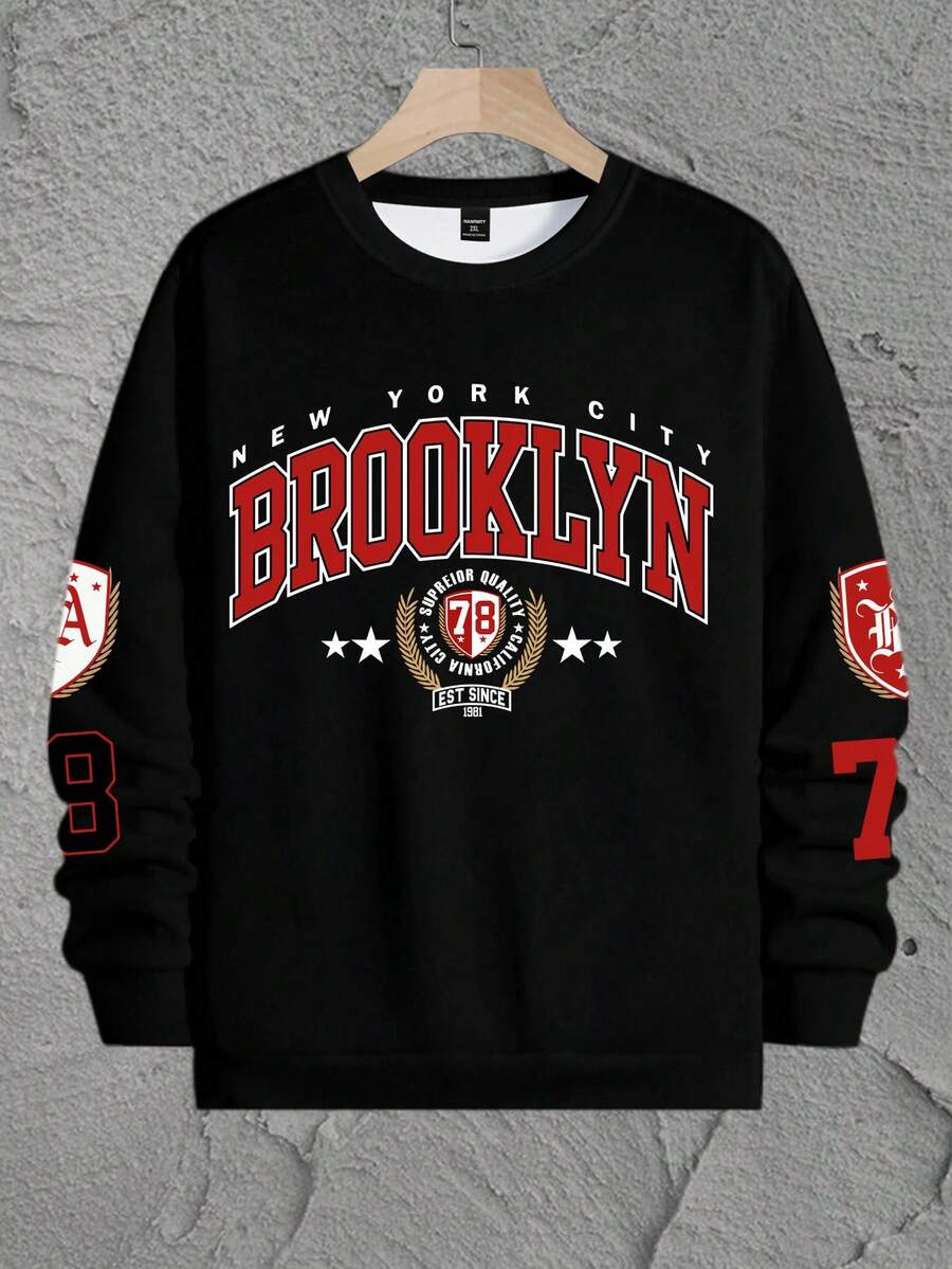 Manfinity Roughcore Plus Size Men's Brooklyn Casual Sweatshirt, Retro New York University Style, Crew Neck Long Sleeve Letter Graphic Pullover Pullover Sweatshirt, Suitable For Autumn - Multicolor - View 1
