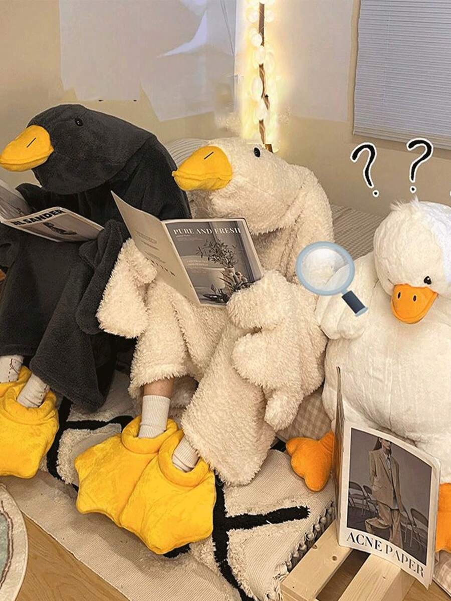 白色/黑色鹅绒睡衣，连体浴袍，柔软舒适，趣味十足，秋冬装，派对服饰，趣味鹅图案，情侣睡衣，大码，男女通用浴袍，送给家人、女孩、男孩、男士、女士的最佳礼物，圣诞礼物，节日礼物，节日礼物 - 彩色 - 查看 1