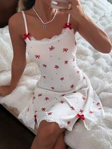 CottageSlumber Women's Casual Rib Knit Spaghetti Strap Mini Nightgown With Red Graphic Bow Detail And Lace Trim - Red - View 4