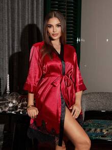 SilkySpell Plus Size Faux Silk Satin 3/4 Sleeve Contrast Color Robe, Lace Patchwork Tie-Waist Short Bathrobe - Red - View 5