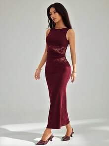 SHEIN PETITE 女士黑色优雅蕾丝拼接真挚长裙，优雅女装，派对女装，新年女装，黑色女装，新年女装，新年派对礼服 - 酒紅色 - 查看 6