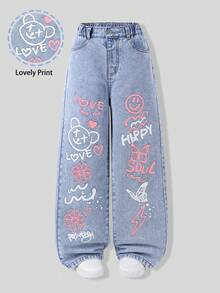 SHEIN ChillGRL 少女阔腿牛仔裤，可爱甜美休闲时尚之选！经典水洗蓝牛仔面料，舒适透气，正面粉白印花设计，弹性腰带饰以仿链条装饰，阔腿剪裁，修饰腿型。适合日常出行、校园休闲、周末旅行、返校季、假期等各种场合，让孩子们每天都充满活力，时尚有型！ - 淺色水洗藍 - 查看 4