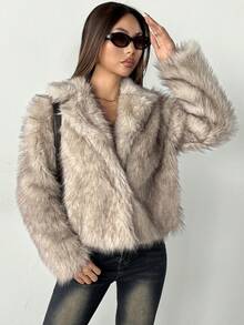 SHEIN PETITE 女士纯色翻领长袖宽松仿皮草外套 白色皮草外套 秋冬款 - 杏色 - 查看 6