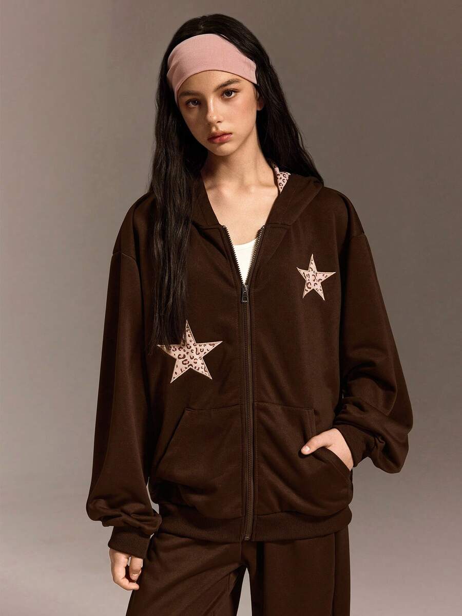 SHEIN 1件少女豹纹刺绣口袋拉链卫衣外套,简约街头风,适合秋冬季、春季通勤及户外活动穿着 - 棕色 - 查看 1