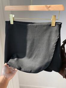 SHEIN EZwear Váy quần nữ mùa hè màu trơn, cạp cao, xẻ tà, kiểu vạt chéo, khóa kéo phía sau. - màu đen - Xem 3