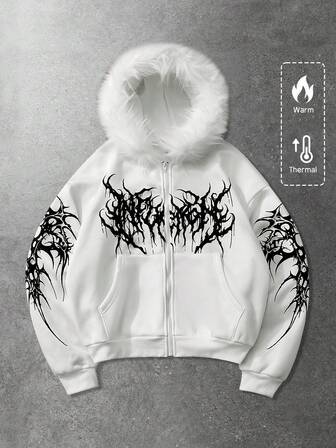 Street Life Men's Graphic Print Thermal Lined Hoodie Sweatshirt With Fur Collar, Autumn/Winter