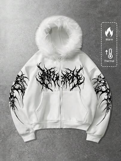 Street Life Sudadera con capucha con estampado gráfico y forro térmico con cuello de piel para hombre, otoño/invierno