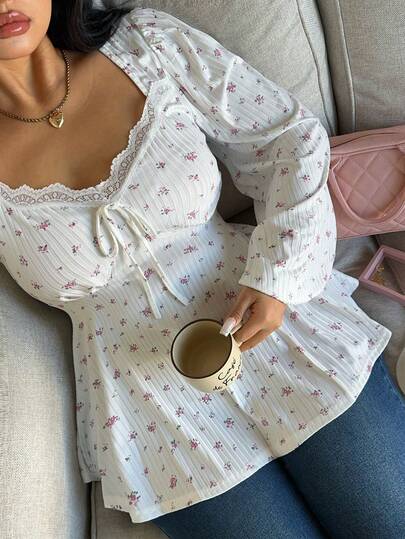 Vibekara Plusstorlek Fyrkantig Krage Volang Patchwork Små Blommiga Långa Puffärmar A-linje Elegant Vintage Casual Söt Fest Dam T-shirt