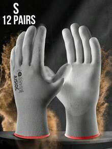 SHEIN 12双装 13号无缝针织安全工作手套，PU涂层聚氨酯浸胶防滑透气轻便，黑灰色可选，男女通用，适用于仓库、花园、建筑、DIY、户外劳务、机械维修等工作。