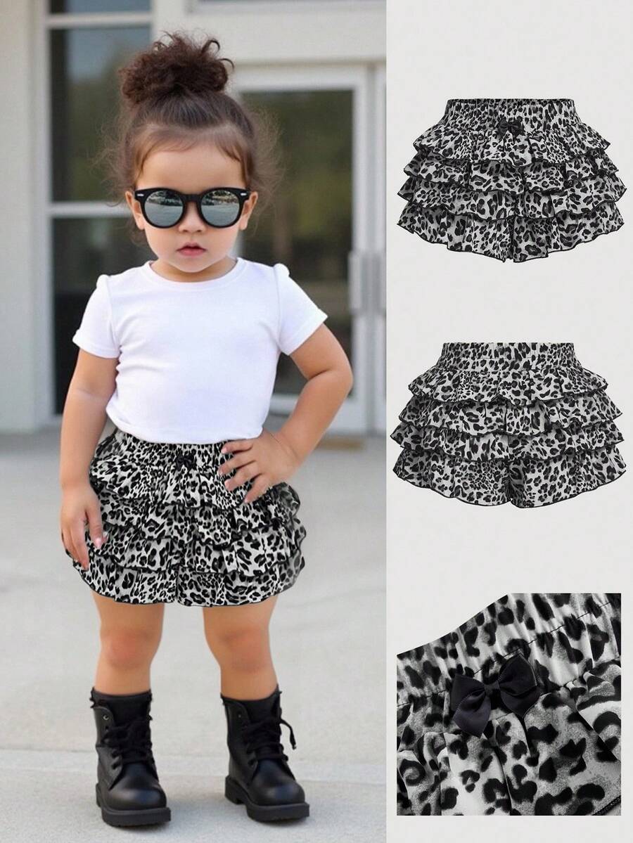 Baby Girl Cute Leopard Print Ruffle Hem Shorts, Versatile For Summer - Black - View 1