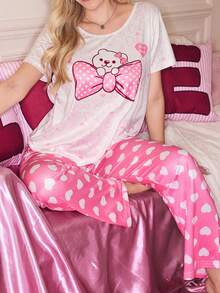 Cute Bow Panda Heart Pajamas, Romantic Pink Girly Pajama Set, Lovely Ladies Sleepwear Set - Multicolor - View 6