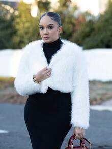 Melissa Matos 1 件女式常规款纯色针织毛绒面料前开长袖短夹克，度假装 - 白色 - 查看 6