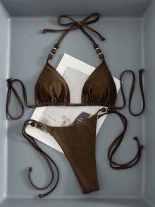 Swim Vcay 女士春夏沙滩音乐节棕色串珠露背系带优雅时尚丁字比基尼套装