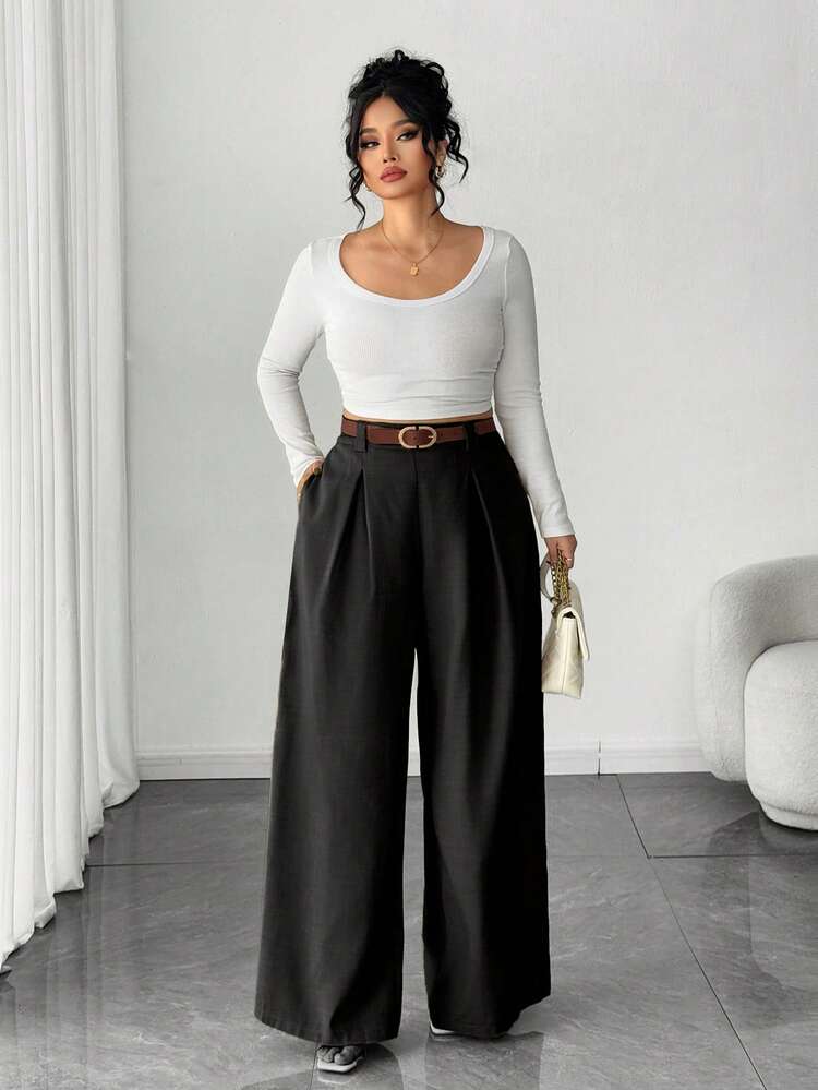 Elenzga Plus Size Women's Wide Leg Pants, Solid Apricot Color