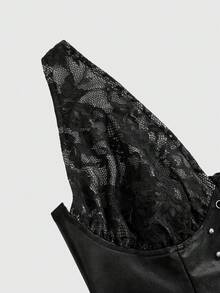 ROMWE Grunge Punk Y2K Sexy Metallic Lace-Up PU Patchwork Crop Top For Women - Black - View 4