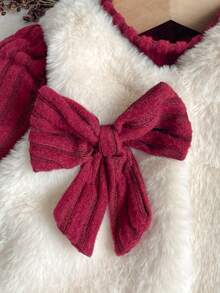 SHEIN 2pcs Baby Girls Dress + Plush Vest Cute Elegant Set, High Collar Long Sleeve Ruched Ribbed Thermal Lined Lantern Sleeve Dress Paired With Warm Plush Vest Jacket, Retro Casual Versatile Korean Style With Bow Design, Suitable For Daily Outings, Birthday, Holiday Party In Autumn/Winter