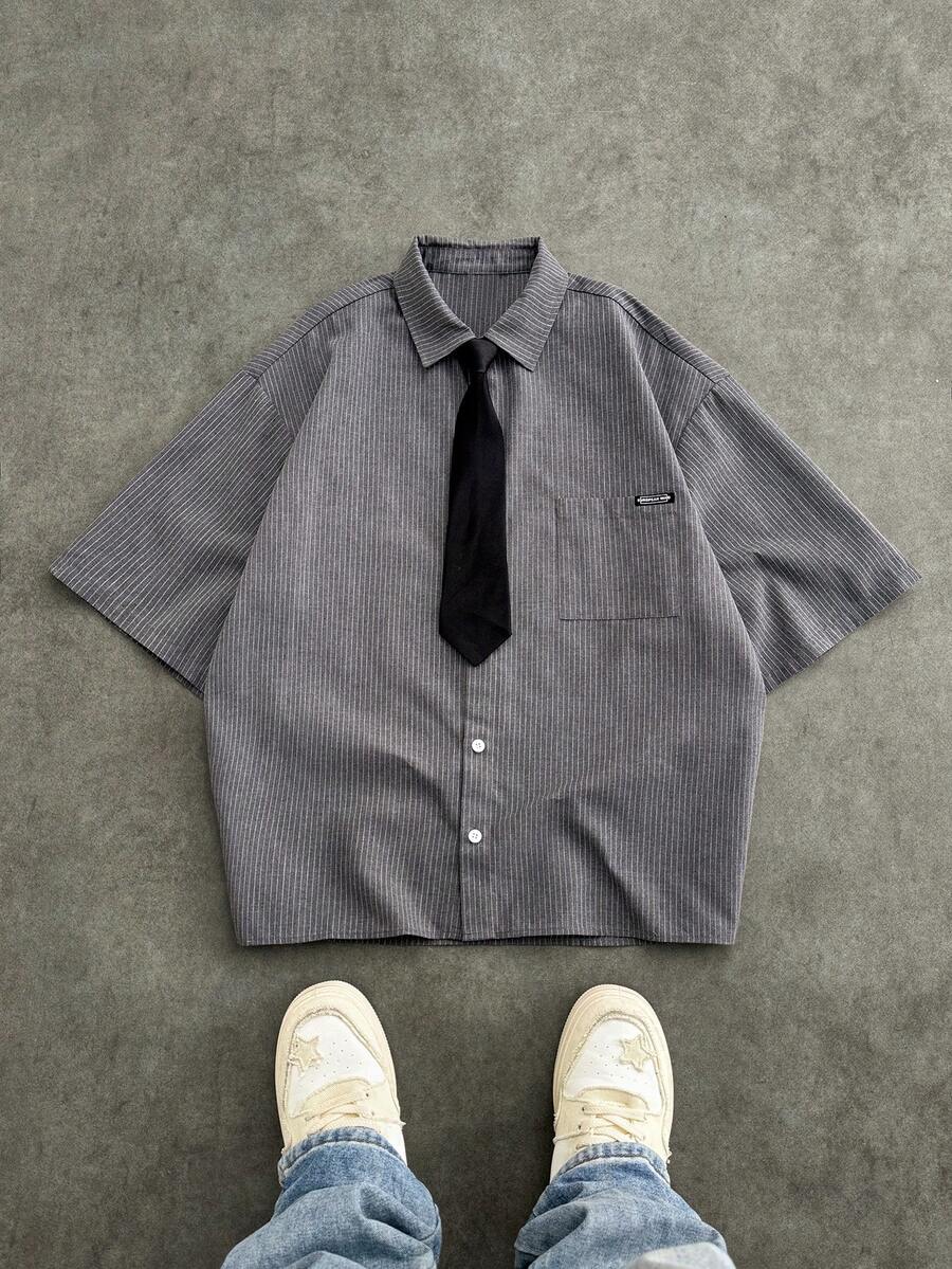 SWAVVY 男士简约印花日常短袖衬衫 - 灰色 - 查看 1