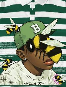 ROMWE MEN Men's Casual Loose Fit Striped & Figure Print Short Sleeve Polo Shirt - Green - View 3