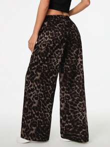 SHEIN PETITE Quần ống rộng họa tiết da báo dệt cạp chun dành cho nữ - Nhiều màu - Xem 2