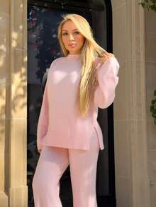 Cioccolato Women's Casual Solid Color Knitted Sweater And Pants 2 Pieces Set, Autumn/Winter - Baby Pink - View 5