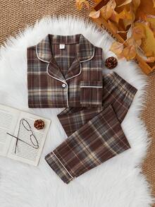 Tween Girl Plaid Collared Cardigan And Pants Pajama Set Plaid Pajama Set Button-Up Pajama Set Coffee-Colored Pajama Set Two Pieces Pajama Set Plaid Pj Set Button Up Pajama Set - Coffee Brown - View 7