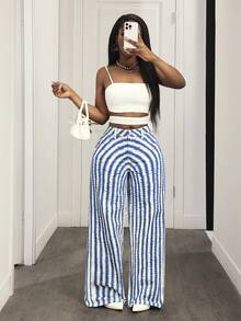 Slaydiva Women's Casual Fashion Street Vacation Style Striped Tie-Dye Print Loose Wide-Leg Jeans - Blue - View 5