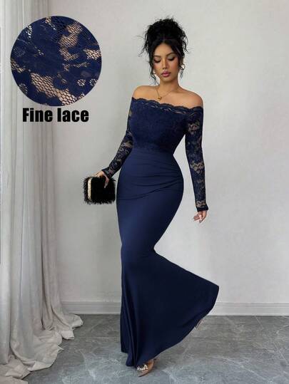 Elenzga Lace Trim Sheer Long Sleeve Black Dress, Elegant Fitted Mermaid Hem Knit Bodycon Dress For Commuting, Autumn/Winter