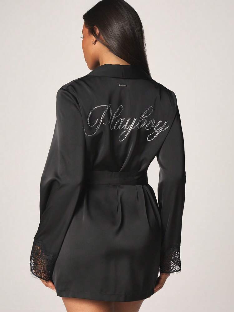 Missguided x Playboy Luxury Satin Kimono Style Robe With Lace Trim Sleeves And Rhinestone Embellished Logo For Loungewear And Intimate Occasions