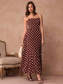 Enchnt Spring/Summer  Romantic Women's Elegant Brown Polka Dot Print Sleeveless Long Dress,Chic&Elegant For Date&Going Out&Daily Commute&Afternoon Tea,Brown Dress,Spring Dresses For Women,Spring Clothes For Women,Dresses For Women Elegant,Summer Dress,Polka Dot Dres - Red - View 1