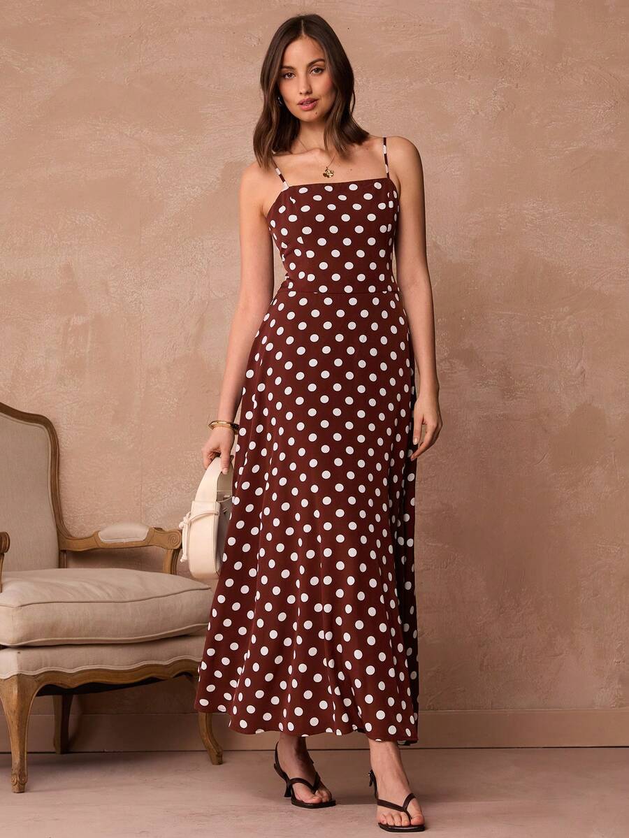 Enchnt Spring/Summer  Romantic Women's Elegant Brown Polka Dot Print Sleeveless Long Dress,Chic&Elegant For Date&Going Out&Daily Commute&Afternoon Tea,Brown Dress,Spring Dresses For Women,Spring Clothes For Women,Dresses For Women Elegant,Summer Dress,Polka Dot Dres - Red - View 1